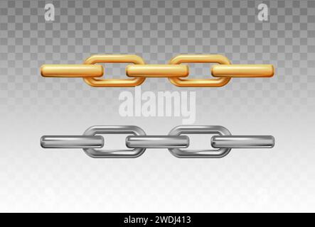 realistic vector icon set. Gold and silver chain on transparnt background. Stock Vector