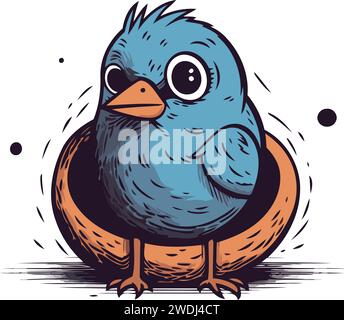 Cute cartoon blue bird sitting in a nest. Vector illustration. Stock Vector