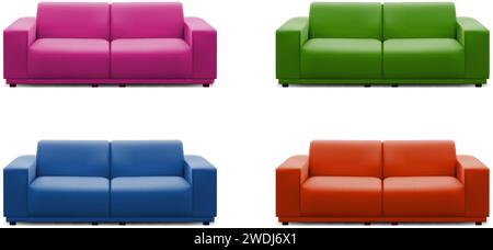 realistic vector icon set. Colorful sofas in different colors. Isolated on white background.Mobile Stock Vector