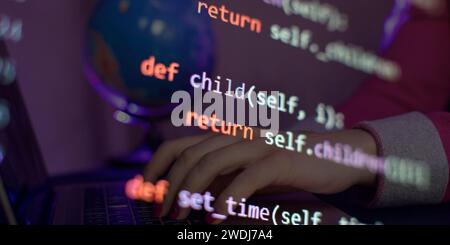 SEO optimization. Modern tech. PHP syntax highlighted. Writing programming functions on laptop. Big data and Internet of things trend. Stock Photo