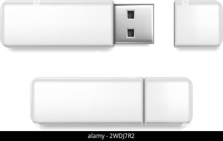 realistic vector icon. White USB flash drive. Isolated on white background. Stock Vector
