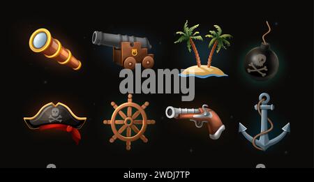 cartoon style 3d icons. Pirate concept. Binocular, gun machine, palms, bomb, pirate hat, ship wheel, gun, ancor. Stock Vector