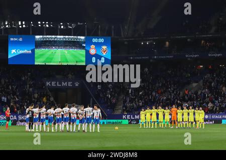 Barcelona, Spain. 20th Jan, 2024. The players of the two teams line up for the LaLiga 2 match between Espanyol v Villarreal B at the Stage Front Stadium in Barcelona. (Photo Credit: Gonzales Photo/Alamy Live News Stock Photo