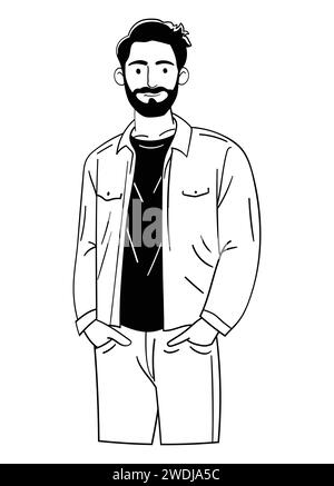 Happy people, smiling male, concept for campus, fashion, avatar. Hand drawn outline line art cartoon vector illustration Stock Vector