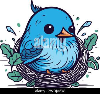 Cute blue bird in the nest. Hand drawn vector illustration. Stock Vector