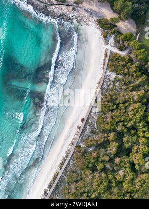 Aerial top view mediterranean beach. Bellavista beach in Son Saura, Menorca Stock Photo