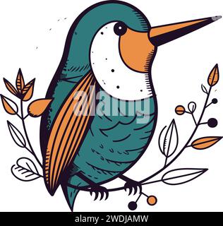cute bird with branches and leafs isolated icon vector illustration design Stock Vector