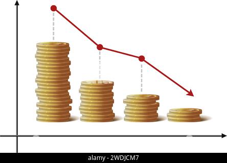 realistic icon. Gold coins chart going down. Stock Vector