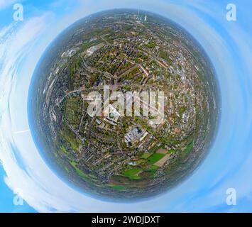 Aerial view, Herne Mitte, Reifen Stiebling, Jean-Vogel-Straße, district center H2Ö, earth globe, fisheye image, 360 degree image, Herne-Mitte, Herne, Stock Photo