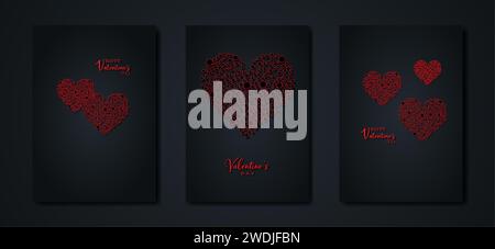 Happy Valentines day vector set greeting card. Red dots hearts on black background. Holiday poster with red text, jewels. Concept  Valentines banners Stock Vector