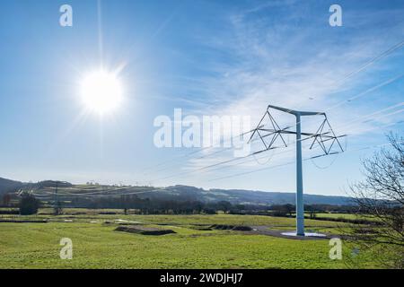 Somerset UK: New design National Grid T Pylons running through the Somerset countryside as part of the new Hinkley Point C Power Station connection Stock Photo