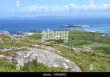 View of the  island of Iona (west coast of Scotland) from a hill top Stock Photo