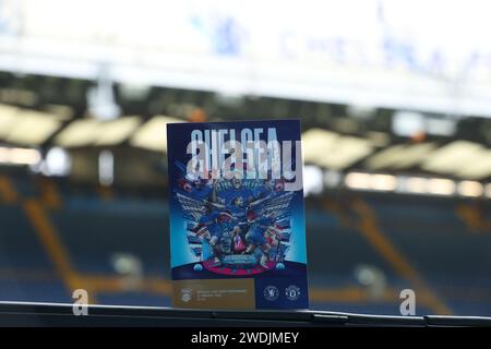 London, UK. 21st January 2024; Stamford Bridge, London, England: Womens Super League Football, Chelsea versus Manchester United; Matchday programme Credit: Action Plus Sports Images/Alamy Live News Stock Photo