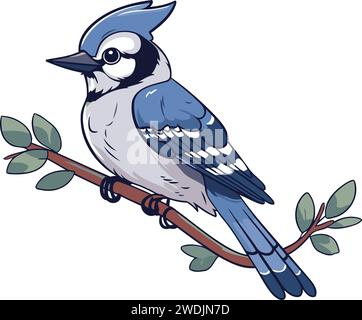 Blue jay bird isolated on white background. Vector cartoon illustration