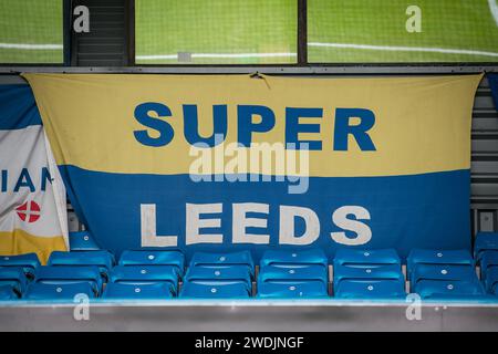 Leeds, UK. 21st Jan, 2024. A Leeds United flag reading Super Leeds inside Elland Road Stadium ahead of the Sky Bet Championship match Leeds United vs Preston North End at Elland Road, Leeds, United Kingdom, 21st January 2024 (Photo by James Heaton/News Images) in Leeds, United Kingdom on 1/21/2024. (Photo by James Heaton/News Images/Sipa USA) Credit: Sipa USA/Alamy Live News Stock Photo