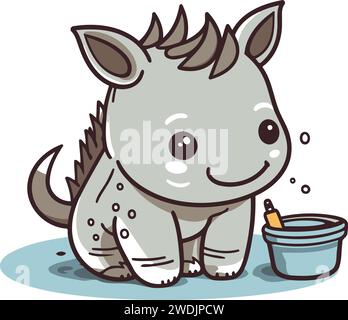 Cute cartoon rhinoceros with bucket of paint. Vector illustration. Stock Vector