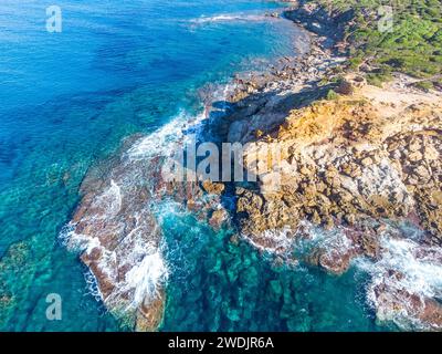 Aerial view of crystal clear water by Porto Ferro shore. Sardinia, Italy Stock Photo