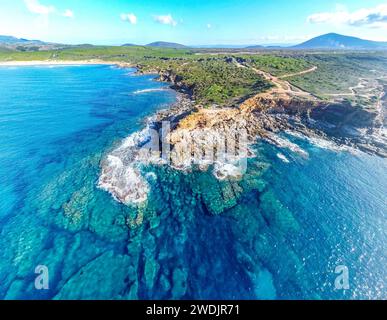 Aerial view of turquoise water by Porto Ferro coast. Sardinia, Italy Stock Photo
