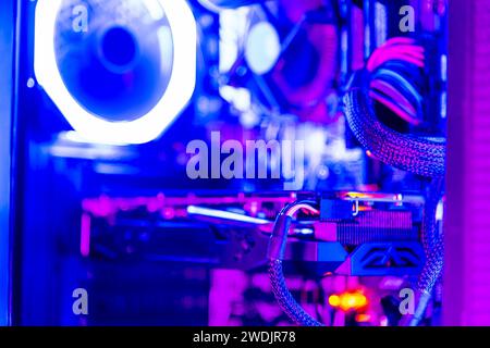 Close up of a graphic card in a desktop computer with RGB lights Stock Photo