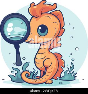 Cute cartoon seahorse with magnifying glass. Vector illustration. Stock Vector