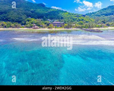 Aerial view of Anse Forbans blue sea. Mahe, Seychelles Stock Photo