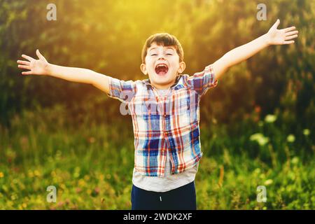 Happy kid boy of 6 year old having fun outdoors wearing blue plaid shirt, arms wide open Stock Photo