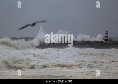 Povoa de Varzim harbor entry during heavy storm, north of Portugal. Stock Photo