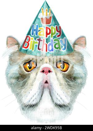 Cute cat in party hat. Cat for t-shirt graphics. Watercolor Exotic Shorthair cat breed illustration Stock Photo