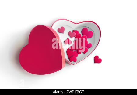 Open heart shaped gift box with red hearts on white background. Design for Valentine's Day. Holiday concept. Stock Photo