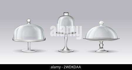 Set of cake stand. realistic vector icon illustration. Transparent glass cloche. Stock Vector