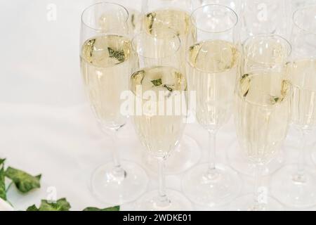 Augsburg, Bavaria, Germany January 19, 2024: Champagne glasses filled with sparkling wine on a white tablecloth at an event *** Sektgläser bei einer Veranstaltung gefüllt mit Sekt auf weißer Tischdecke Stock Photo