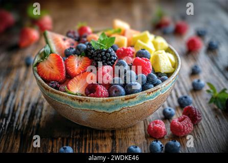 A rustic bowl filled with colorful fresh fruit, including berries, melon, and citrus Stock Photo