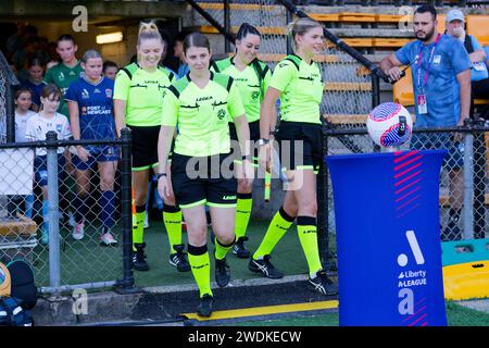 Sydney, Australia. 21st Jan, 2024. Match referees walk onto the pitch before the A-League Women Rd13 match between Sydney FC and Newcastle Jets at Leichhardt Oval on January 21, 2024 in Sydney, Australia Credit: IOIO IMAGES/Alamy Live News Stock Photo