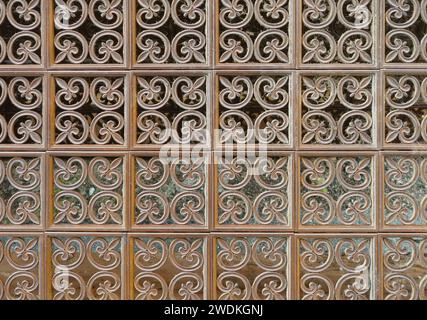 Vintage wooden grille decorative panel abstract background pattern. Stock Photo