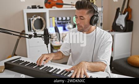 Attractive young hispanic man, a talented musician, immersing himself in the melody, passionately playing the acoustic piano wearing headphones in a l Stock Photo