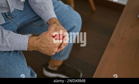 Young hispanic man sitting on chair pressing ball with hand at waiting room Stock Photo