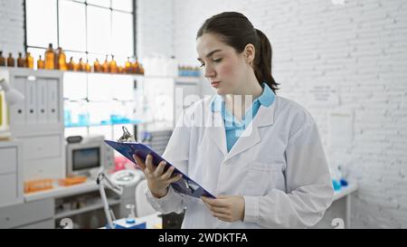 A focused young woman in a lab coat analyzes a clipboard in a modern laboratory setting. Stock Photo