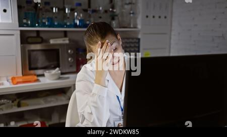 Stressed caucasian woman scientist in laboratory wearing lab coat feeling headache at computer Stock Photo