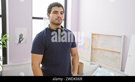 Young man with headphones stands confidently in an indoor artistic studio, embodying creativity and focus. Stock Photo