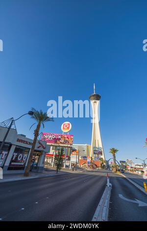 Beautiful view of the main street, the Las Vegas Strip, with the casino hotel The Strat (Stratosphere) in the background. Las Vegas. USA. Stock Photo