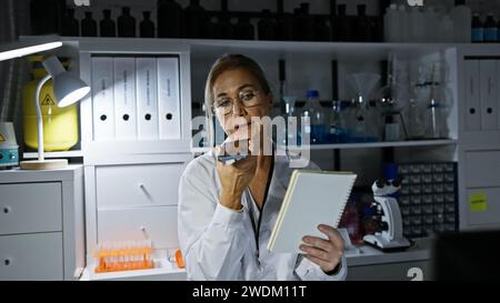 Mature caucasian woman scientist recording data in a laboratory, surrounded by equipment and chemical bottles. Stock Photo