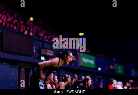 New Zealand's Phoenix Karaka cheering on from the sub bench during the Vitality Netball Nations Cup match at the OVO Arena Wembley, London. Picture date: Sunday January 21, 2024. Stock Photo