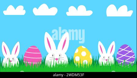 Happy Easter banner with three funny white rabbits and colorful Easter eggs. Easter cute bunny in green grass. Festive decoration in bright colors. Stock Vector
