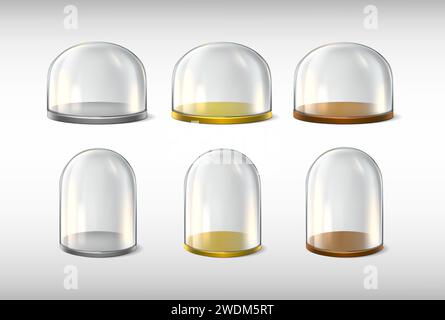 Collection of glass domes on the tray. realistic vector icon. Transparent protective cover. Snow globe, souvenir or kitchen glassware. Stock Vector
