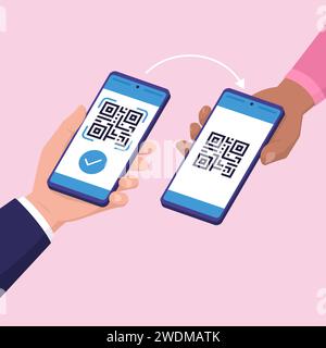 Customer scanning a QR code using his smartphone, QR code payments concept Stock Vector