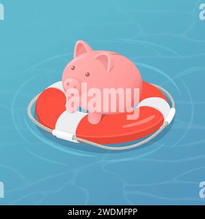 Rescued piggy bank on a lifebuoy: financial assistance and insurance Stock Vector