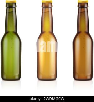 realistic vector icon. Set of brown, green and yellow transparent beer bottles. isolated on white background. Stock Vector