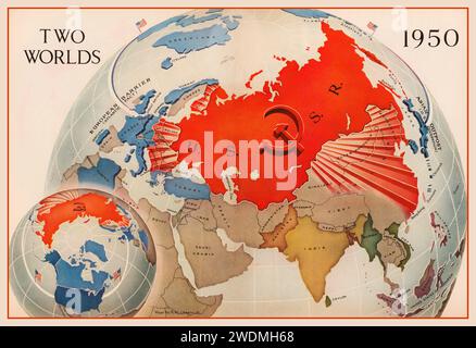 1950 USSR/USA 'Two Worlds' map, the dark red of the USSR fills the space, while the U.S. is barely visible over the horizon. Soviet hammer and sickle emblem dominates the American flag in distance. The accordion-pleated extensions of Soviet Union USSR into Eastern Europe and Asia magnify the effect. This map 'is typical of many anti-communist maps that appeared in national news journals around 1950. These maps used a north polar projection because seeing the northern latitudes emphasized the closeness of the USSR Soviet Union to the United States. Stock Photo