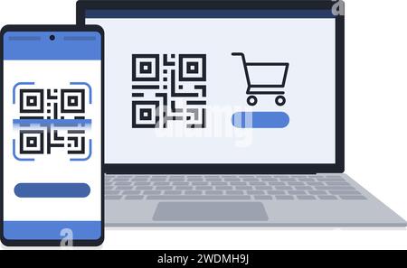 QR code payment and online shopping on laptop and mobile Stock Vector