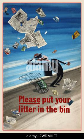 Vintage British Railways Poster 1940's  'Please put your litter in the bin' Frantic railway porter surrounded by blizzard of platform litter (Railway anti-litter poster by an unknown artist.) Date between 1939 and 1946 Stock Photo